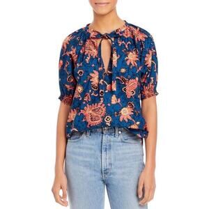 A.L.C Ellis Blue Floral Keyhole Tie Neck Cotton Blouse Size 2